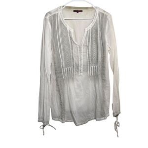 Tom Tailor Denim Blouse Women's XL Lace Boho 3/4 Sleeve Tie Casual Top